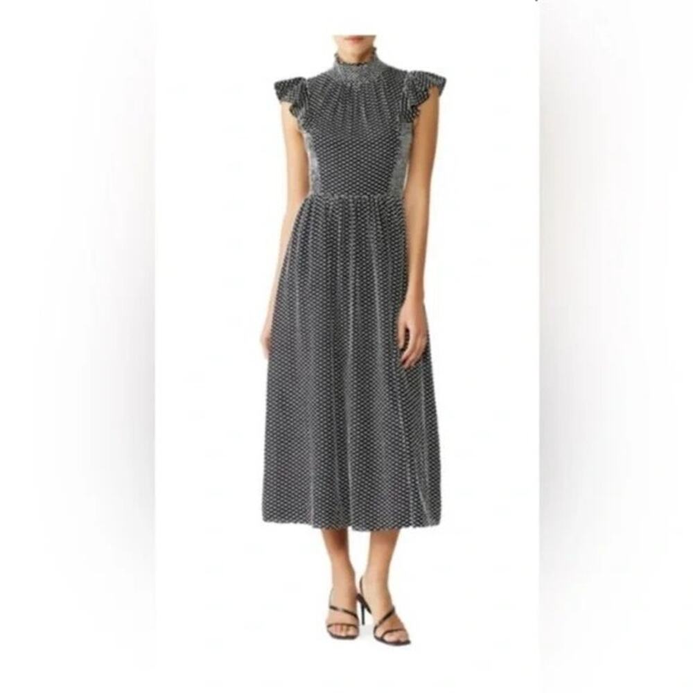 Kate Spade New York Smocked Clip Swiss Dot Mock Neck Flutter Midi Dress Size 4